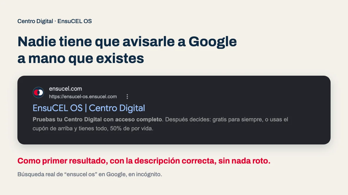 Apareces en Google: resultado real de un Centro Digital como primer resultado, con su nombre y descripción correctos
