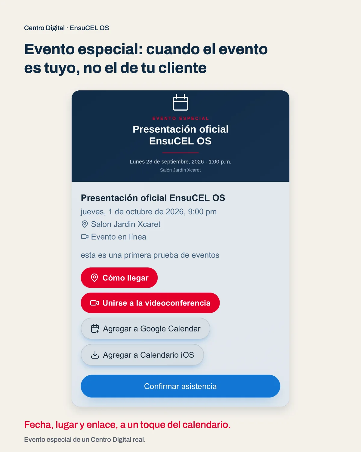 Evento especial en un Centro Digital real: fecha, lugar, videoconferencia y botones para agregar al calendario