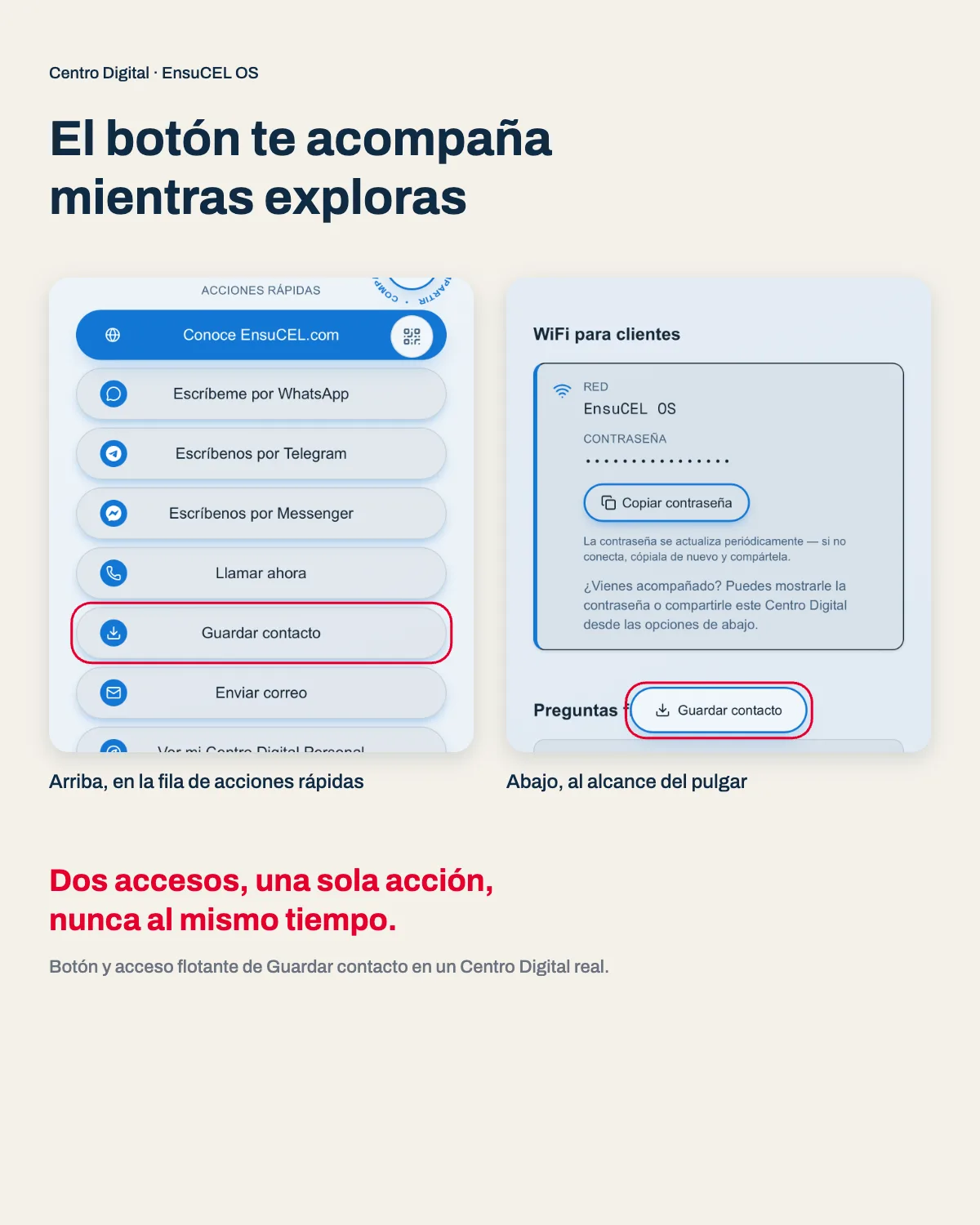 Botón para guardar contacto arriba y acceso flotante abajo en un Centro Digital real, sin tener que subir hasta arriba