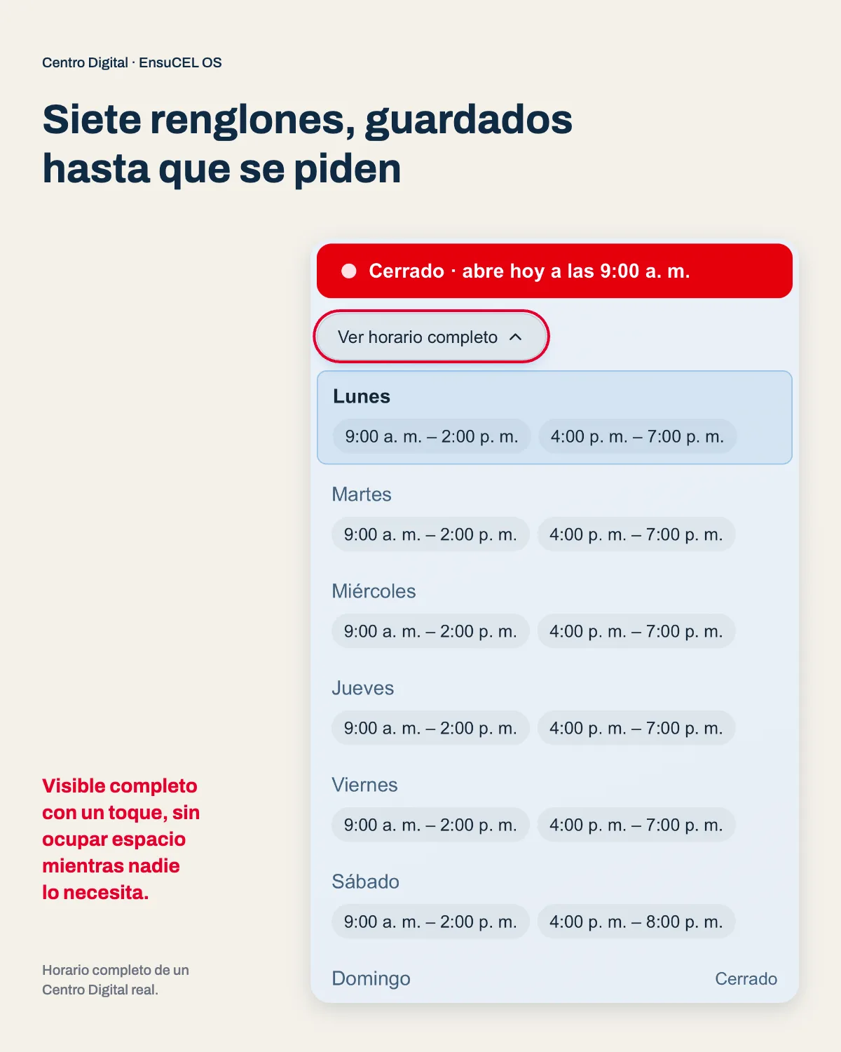 Horarios de atención en un Centro Digital real: siete días con horario partido, hora de comida y domingo cerrado