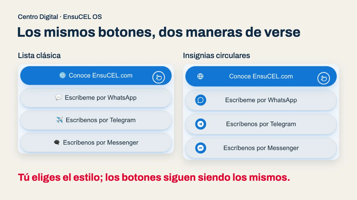 Lista clásica o insignias circulares: los mismos botones de un Centro Digital real en sus dos estilos, lado a lado