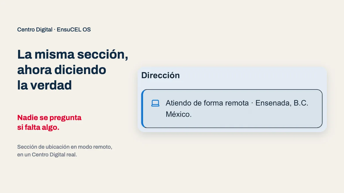 Modo remoto en la sección de ubicación de un Centro Digital real: ícono de laptop y Atiendo de forma remota, sin dirección