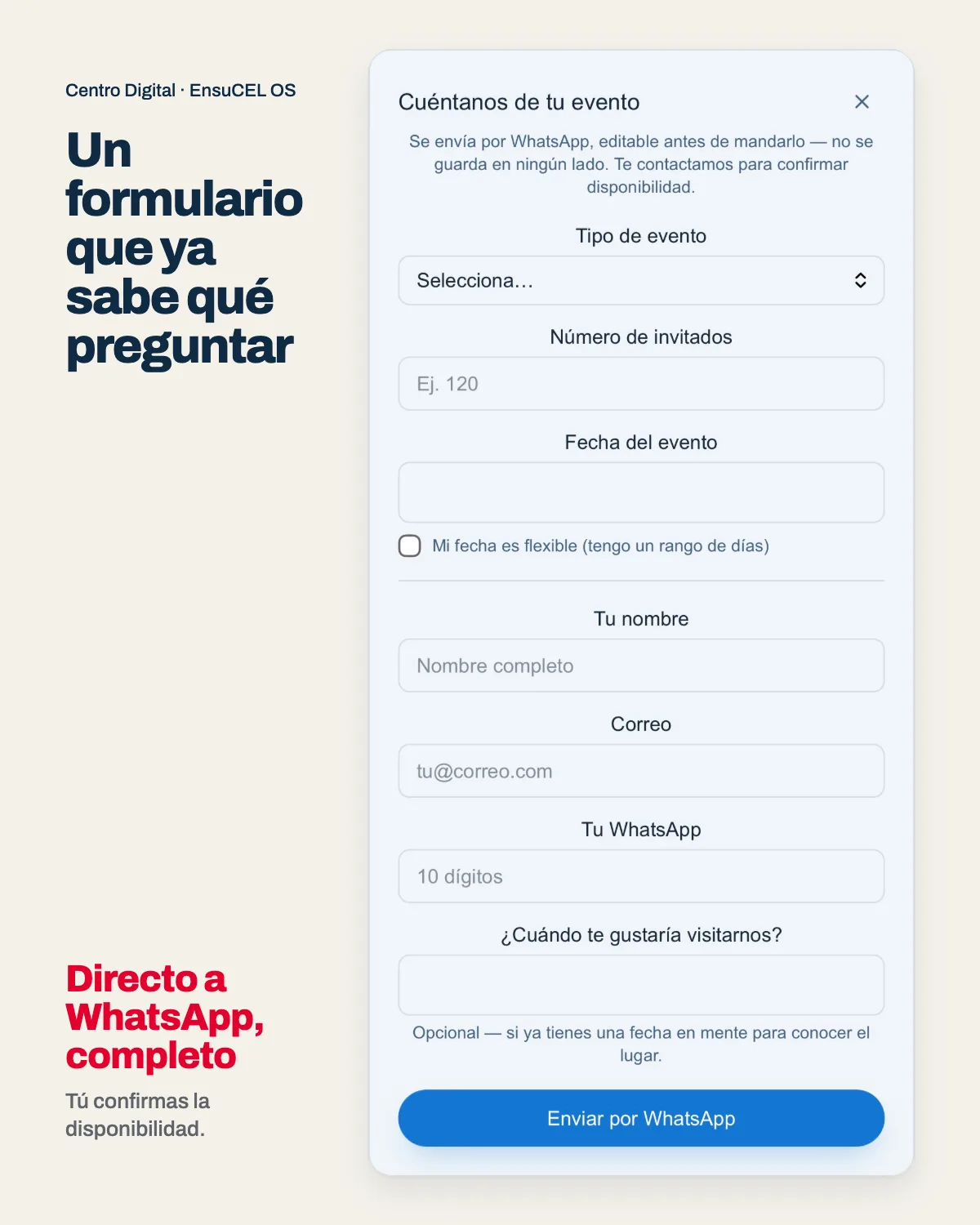 Formulario de cotización para eventos: tipo de evento, invitados, fecha flexible, contacto y visita, enviado por WhatsApp