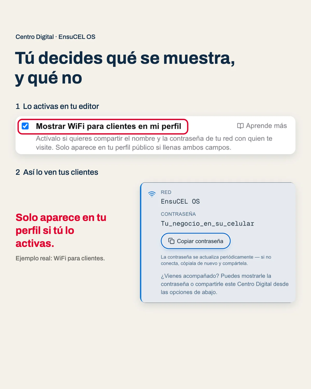 Opción “Mostrar WiFi para clientes en mi perfil” en el editor y la tarjeta de WiFi que ven los clientes cuando está activada
